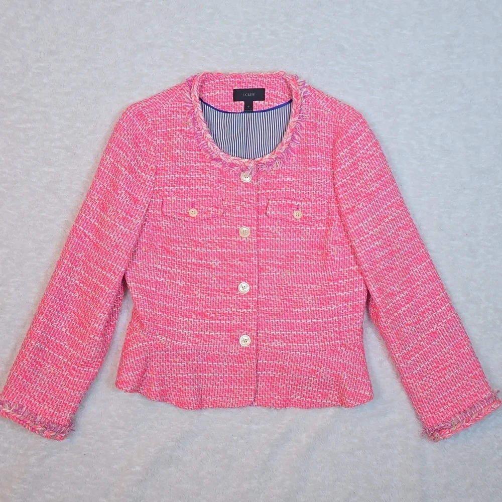J.Crew Hot Pink Barbiecore Cotton Jacket Tweed Peplum Fringe Blazer Sz. 10